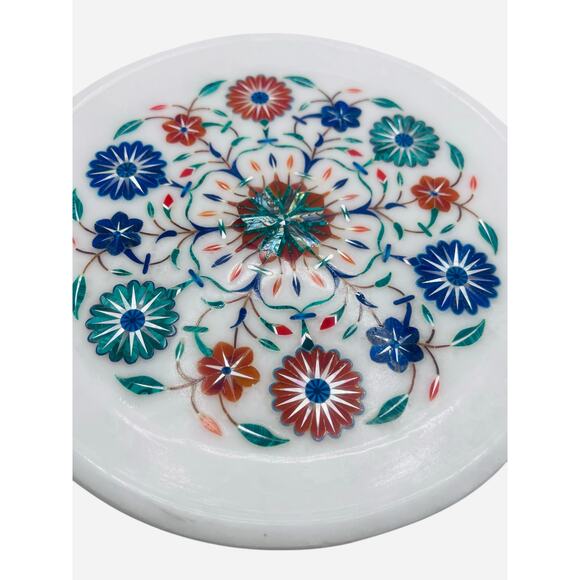 Ashi Couture White Marble Plate 10” Semi Precious Inlay Stone Floral Pattern - Picture 3 of 4